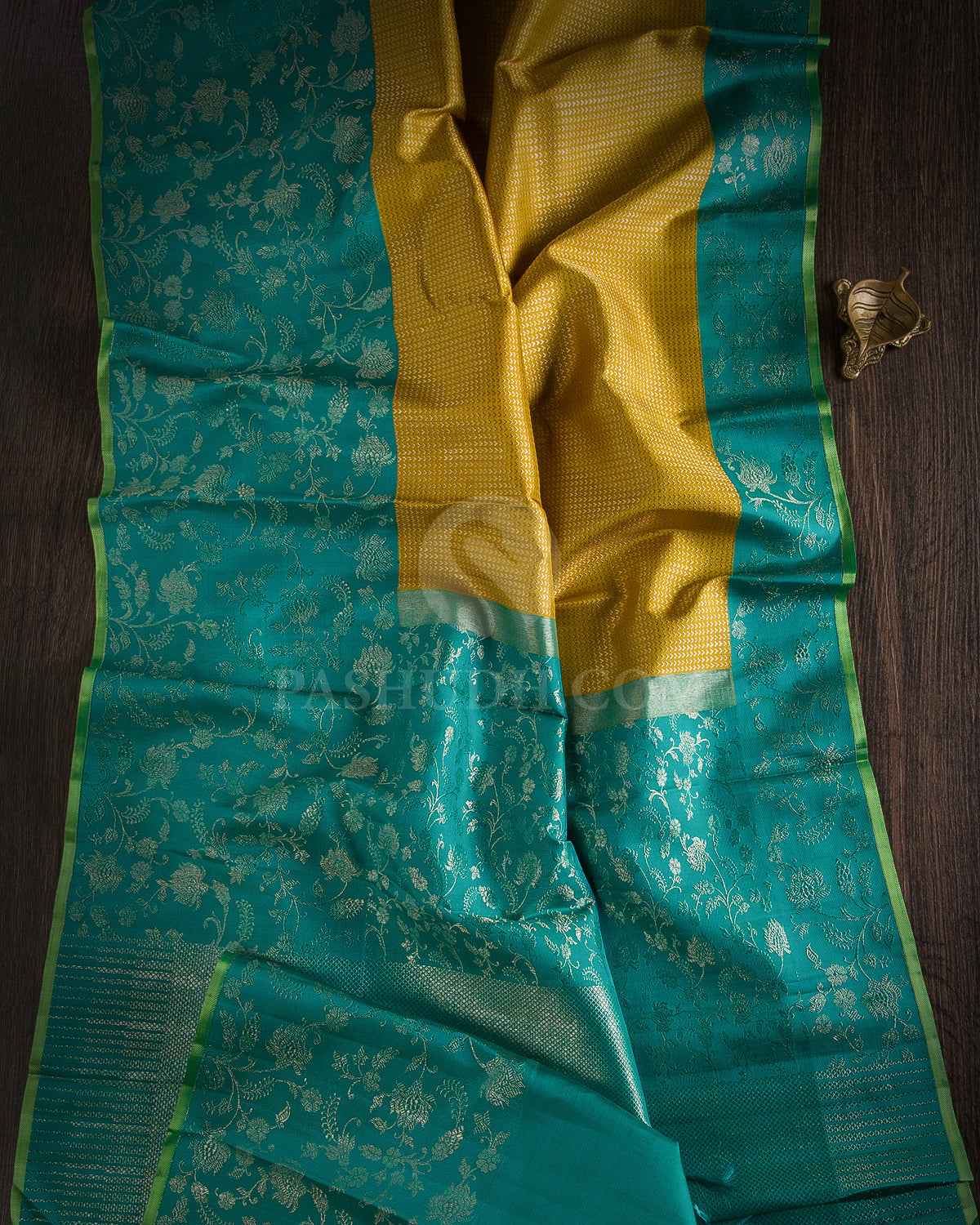 Mustard Yellow & Anandha Blue Kanjivaram Silk Saree - S1070(B) - View 1