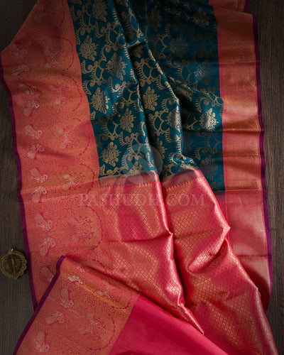 Cobalt Blue & Baby Pink Kanjivaram Silk Saree - S1048(C) - View 1