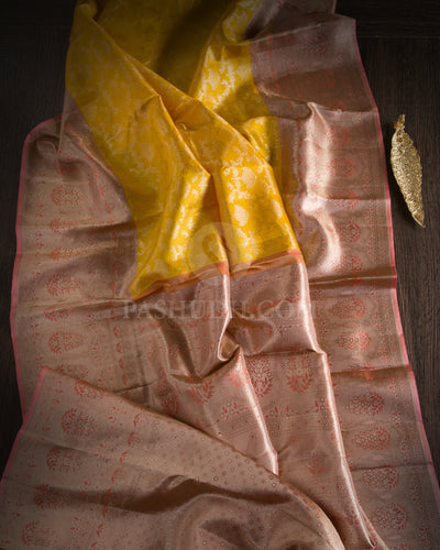 Tuskey Yellow & Peach Pink Kanjivaram Silk Saree - S1037(A) - View 1