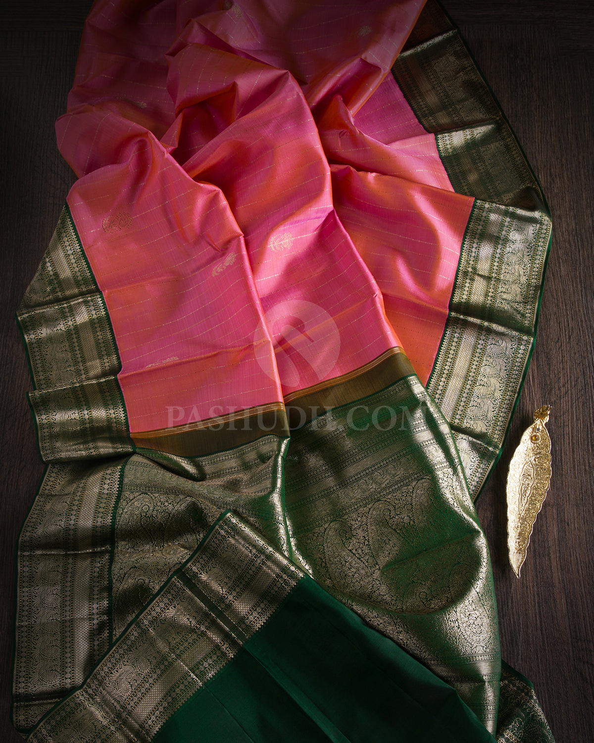 Dual Shaded Pink & Deep Green Border Kanjivaram Silk Saree - S981(A) - View 1