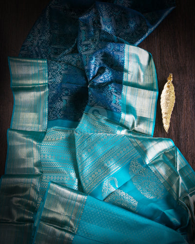 Teal Blue & Turquoise Blue Kanjivaram Silk Saree - D466