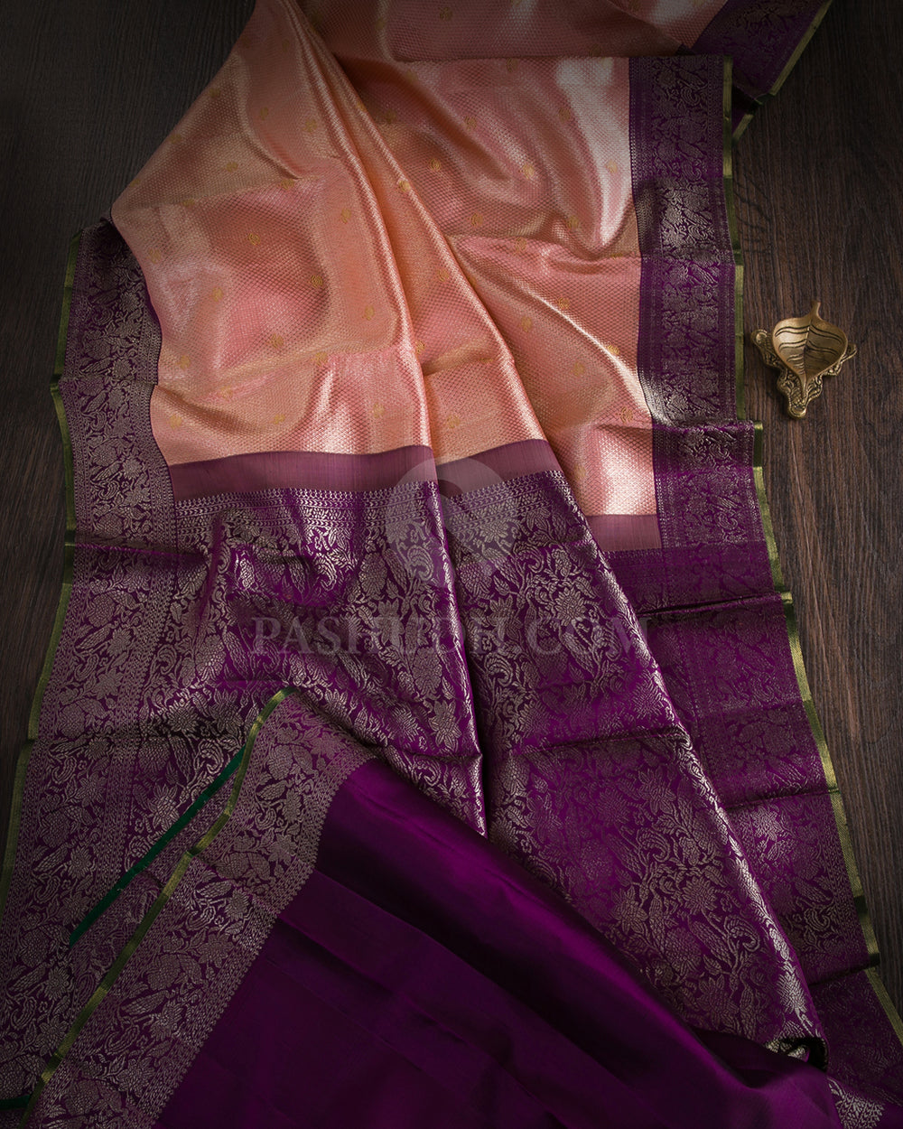 Peachy Pink & Violet Pure Zari Kanjivaram Silk Saree - P140(A) - View 2