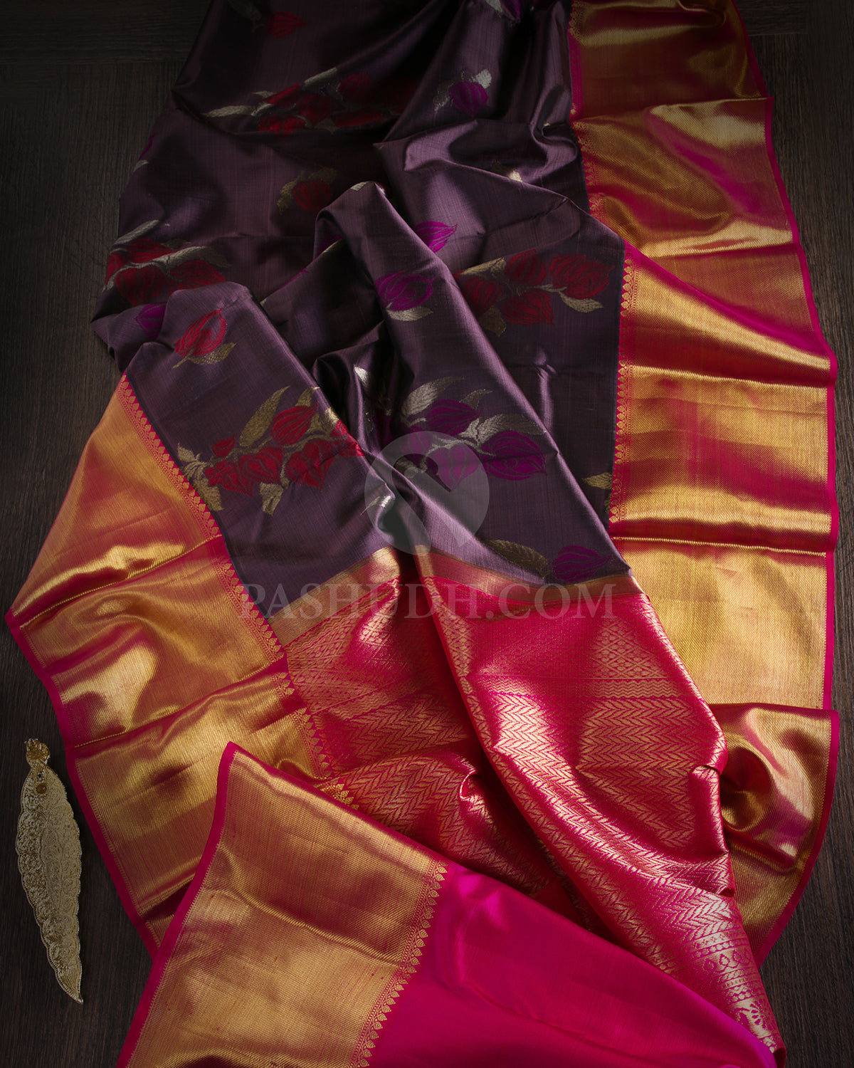 Heather Purple Shot Black & Rani Pink Pure Zari Kanjivaram Silk Saree - P134(A)  - View 1