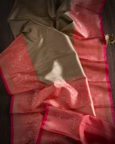 Khaki & Coral Pink Zari Kanjivaram Silk Saree - S823 - View 2