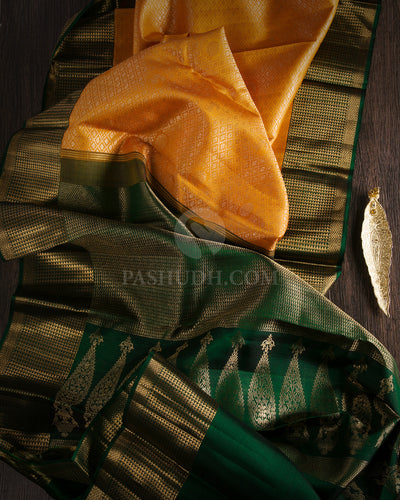 Mango Yellow and Dark Green Kanjivaram Silk Saree - S703 - View 2