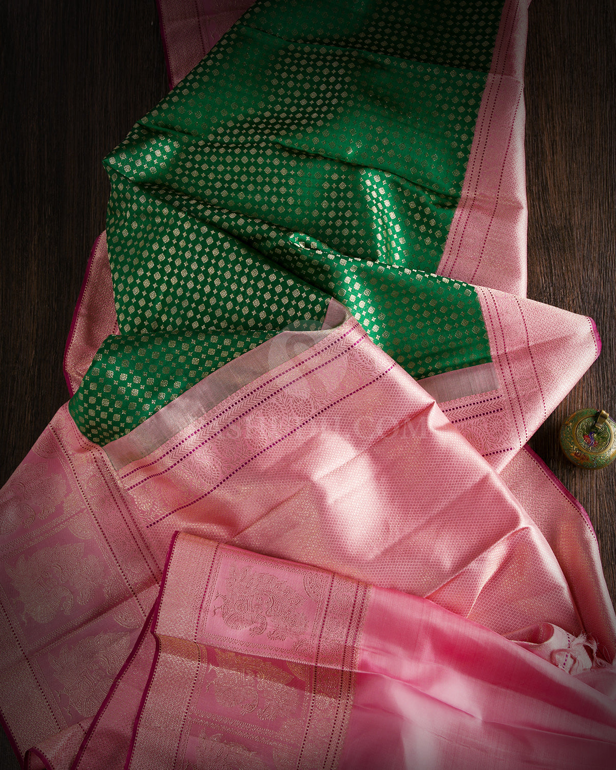 Emerald Green and Baby Pink Pure Zari Kanjivaram Silk Saree - S709 - View 2