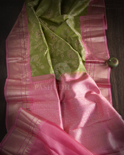 Parrot Green & Baby Pink Kanjivaram Silk Saree - S1050(A) - View 1