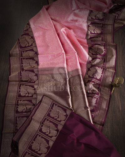 Baby Pink & Wine Kanjivaram Silk Saree - S1082(A) - View 1