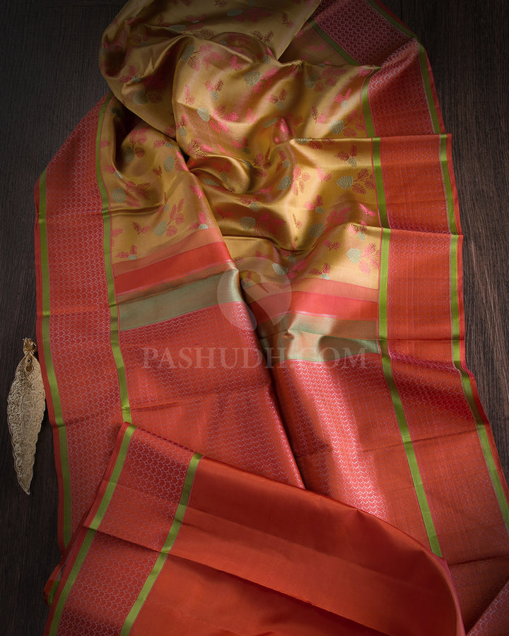 Golden Yellow & Rust Orange Kanjivaram Silk Saree - DJ277(B)