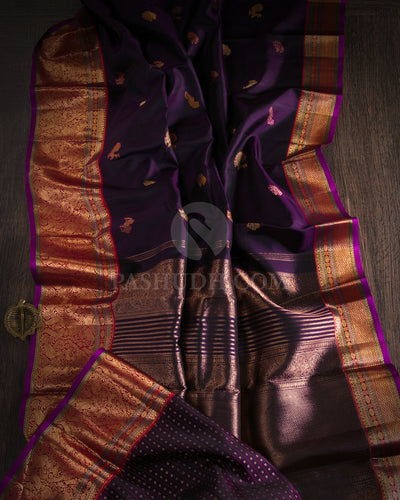 Dark Purple & Red Kanjivaram Silk Saree - S1051(A) - View 1