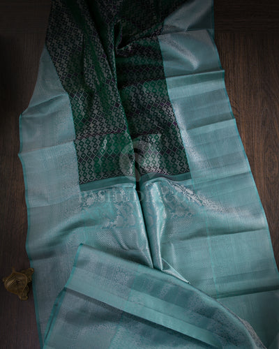 Bottle Green And Sky Blue Kanjivaram Silk Saree - DT251(E)