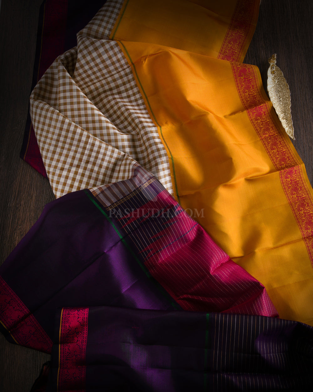 Khaki , Mustard and Navy Blue Kanjivaram Silk Saree - S787 -View 2