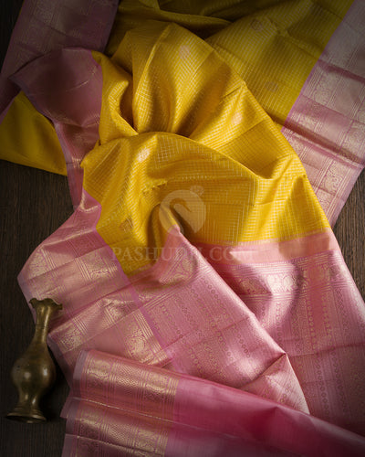 Turmeric Yellow and Baby Pink Kanjivaram Silk Saree - S697 - View 2
