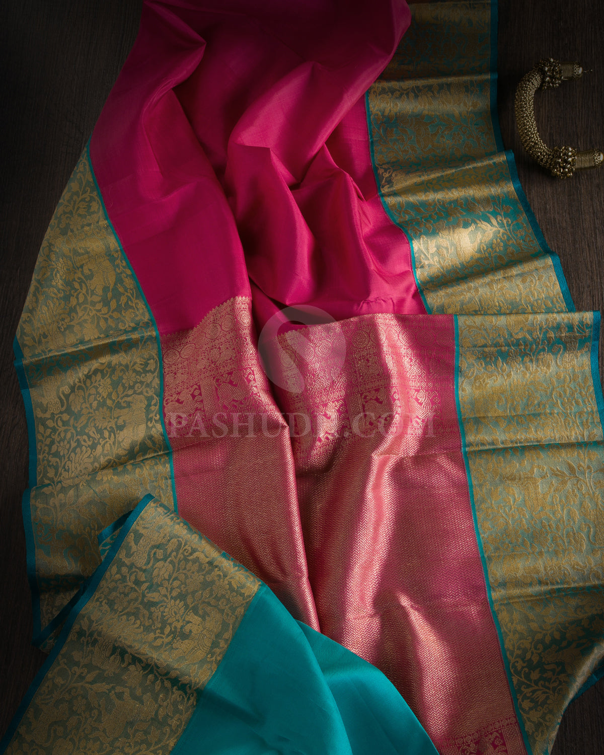 Rouge Pink & Ananda Blue Kanjivaram Silk Saree - S1036(A) - View 1