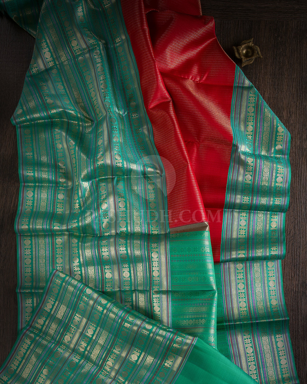 Red & Cyan Kanjivaram Silk Saree - S1080(C) - View 1