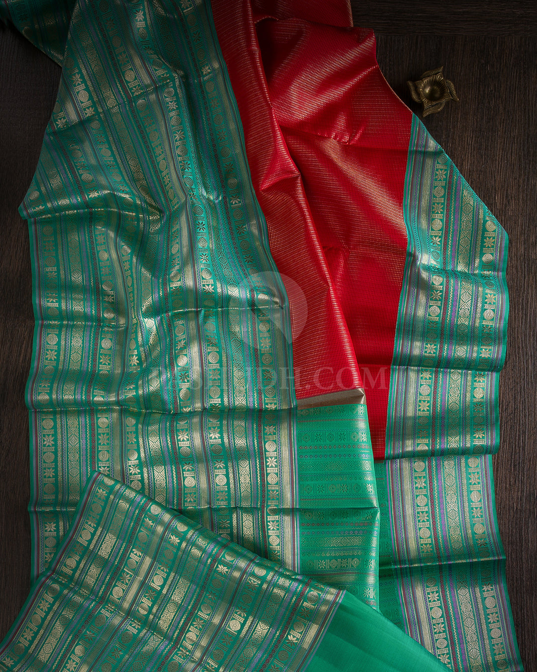 Red & Cyan Kanjivaram Silk Saree - S1080(C) - View 1