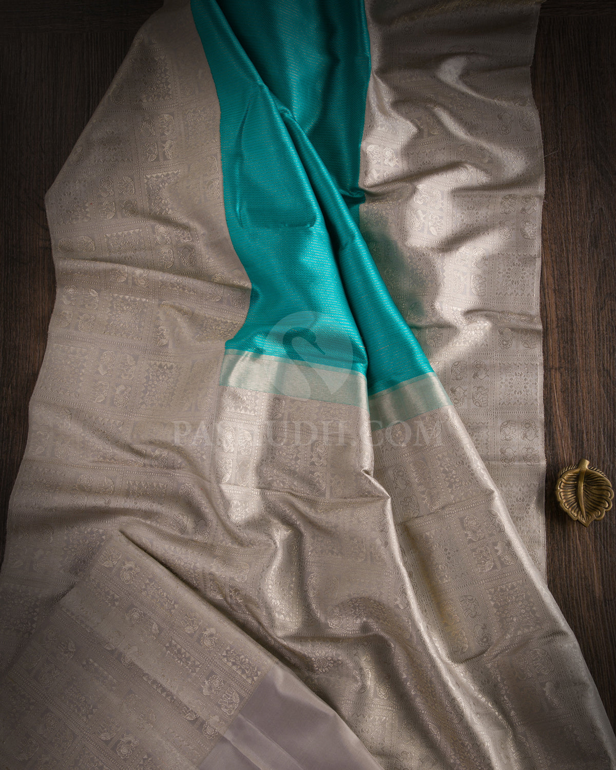 Turquoise And Grey Kanjivaram Silk Saree - S1139(A) - View 1