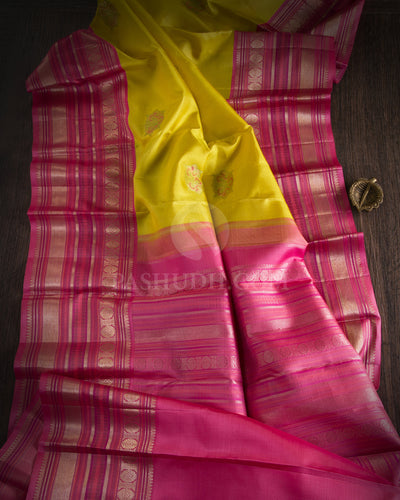 Lemon Yellow & Wild Orchid Pink Kanjivaram Silk Saree - S1044(A) - View 1