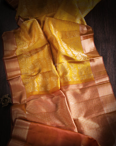 Turmeric Yellow and Rust Orange Kanjivaram Silk Saree - DJ243
