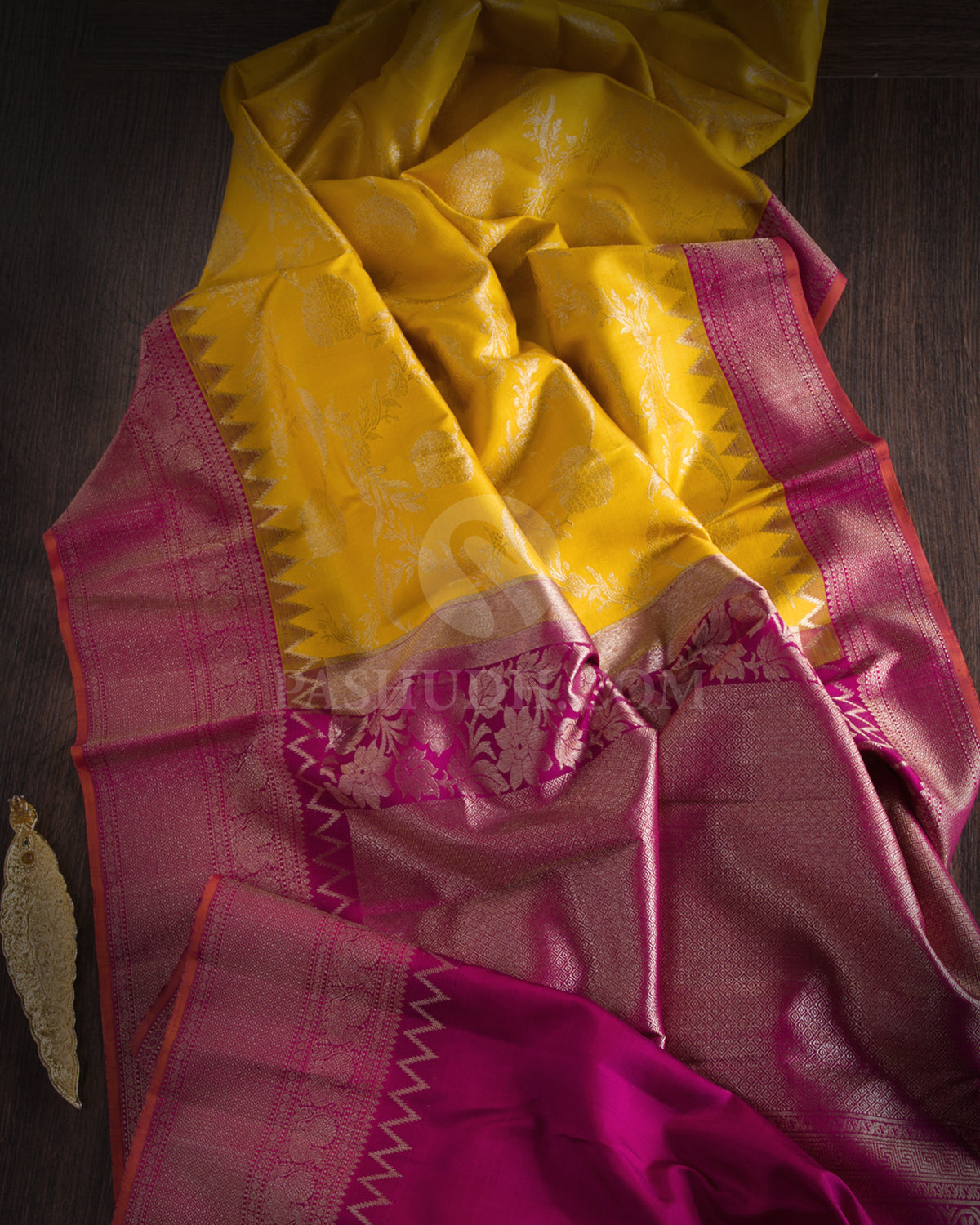 Bright Yellow & Magenta Kanjivaram Silk Saree - S1040(A) - View 1
