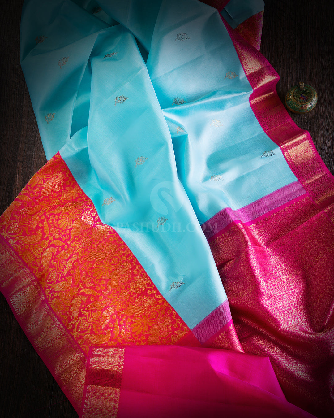 Sky Blue & Orange Shot Pink Kanjivaram Silk Saree - S872 -View 2