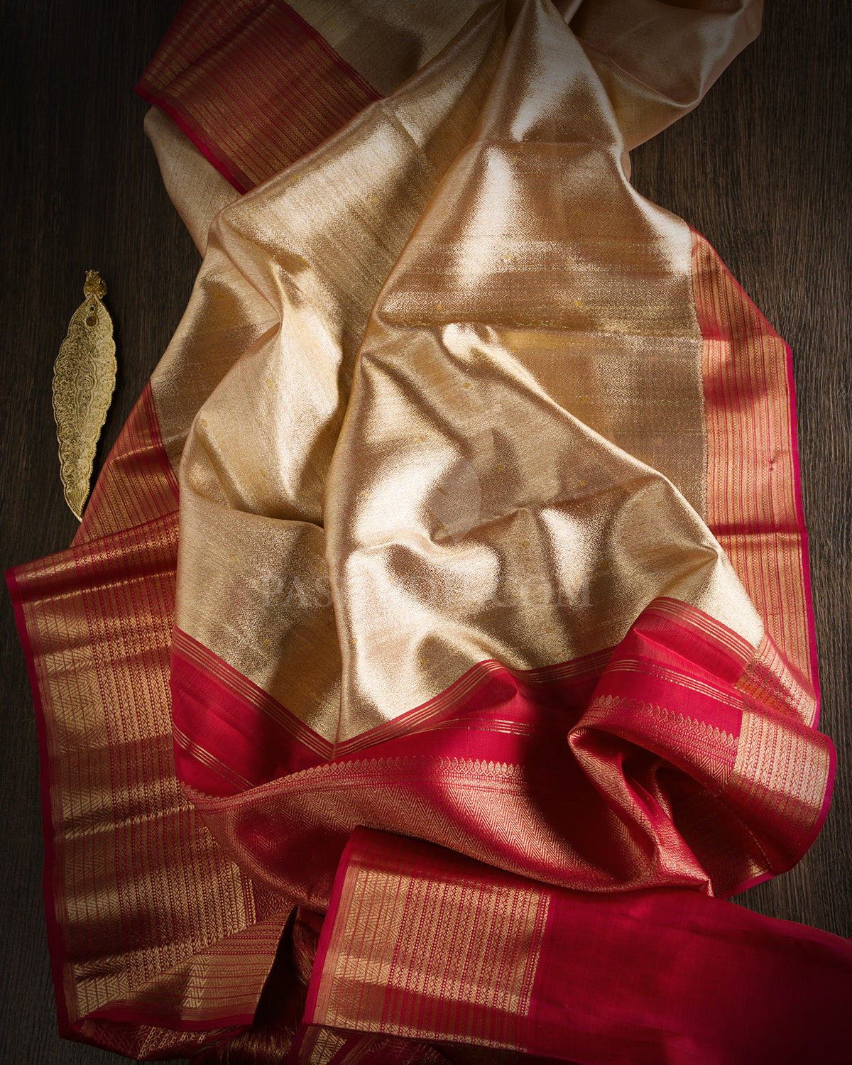 Peach - Golden Zari Tissue Kanjivaram Silk Saree - S705- View 2