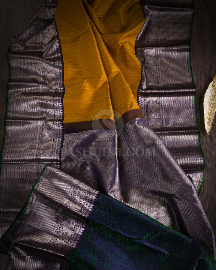 Mustard Yellow and Navy Blue Kanjivaram Silk Saree - D522(A)