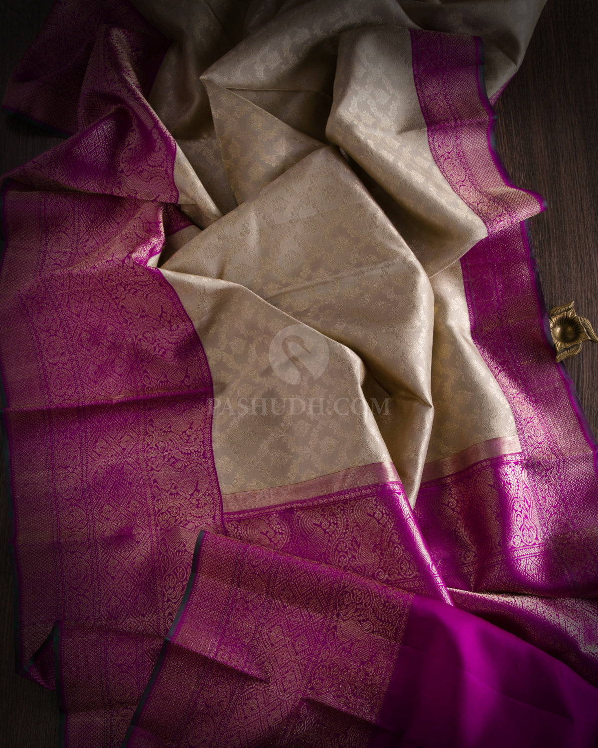 Cream and Violet Kanjivaram Silk Saree - S731- View 2