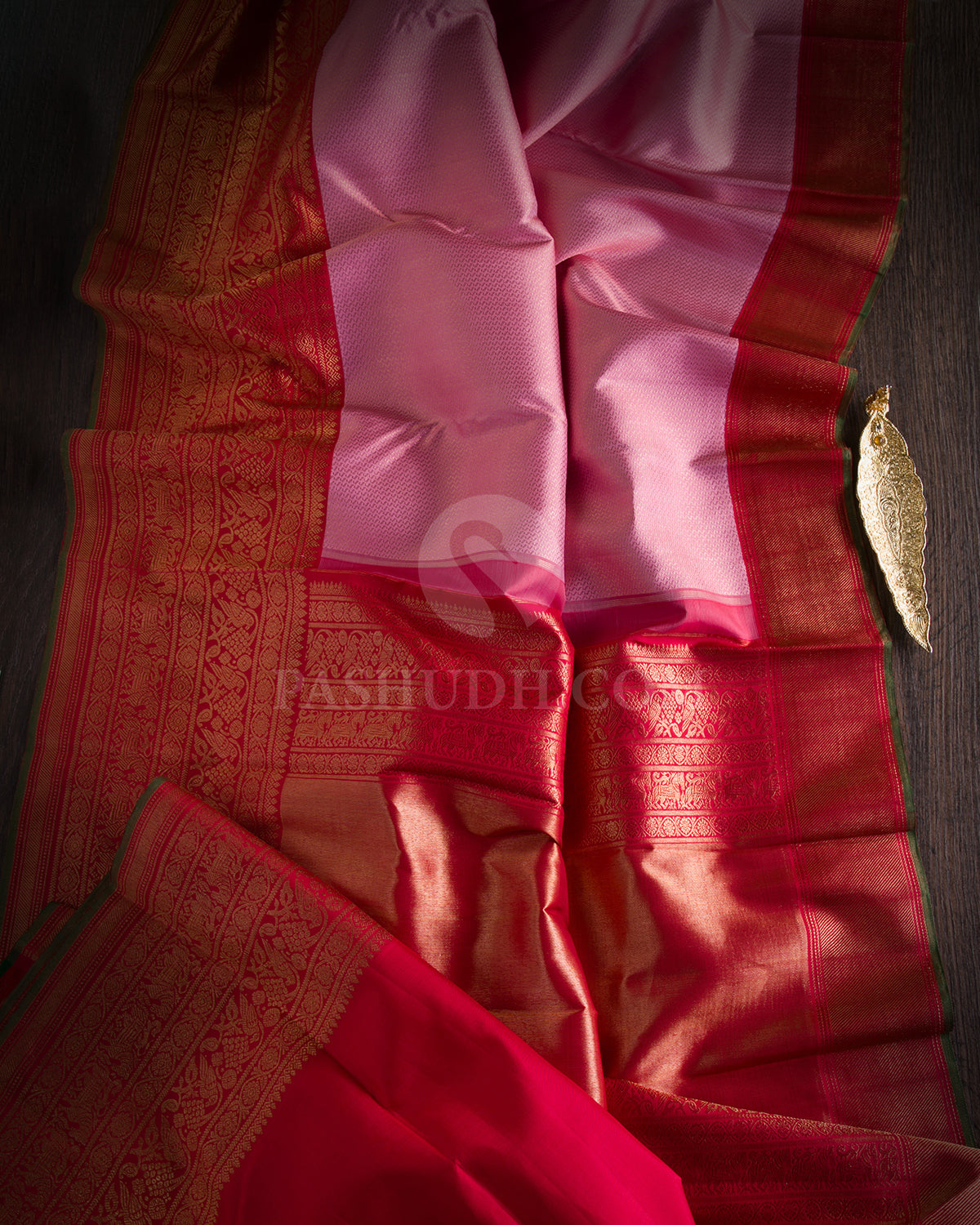 Baby Pink & Red Kanjivaram Silk Saree - S994 - View 1