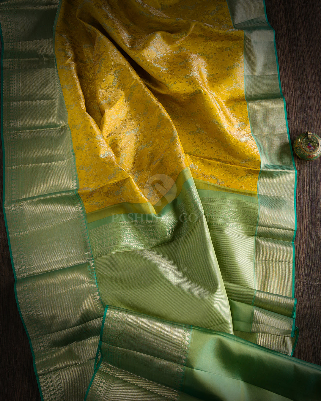 Mustard and Light Green Kanjivaram Silk Saree - DJ224