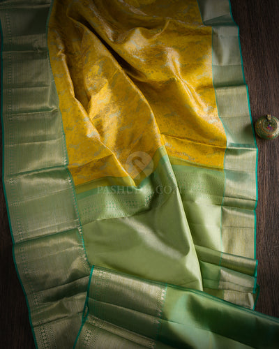 Mustard and Light Green Kanjivaram Silk Saree - DJ224