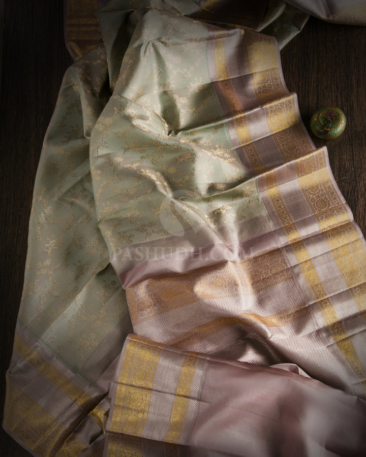 Mint Green and Pink-Grey Kanjivaram Silk Saree - DJ187 - View 1
