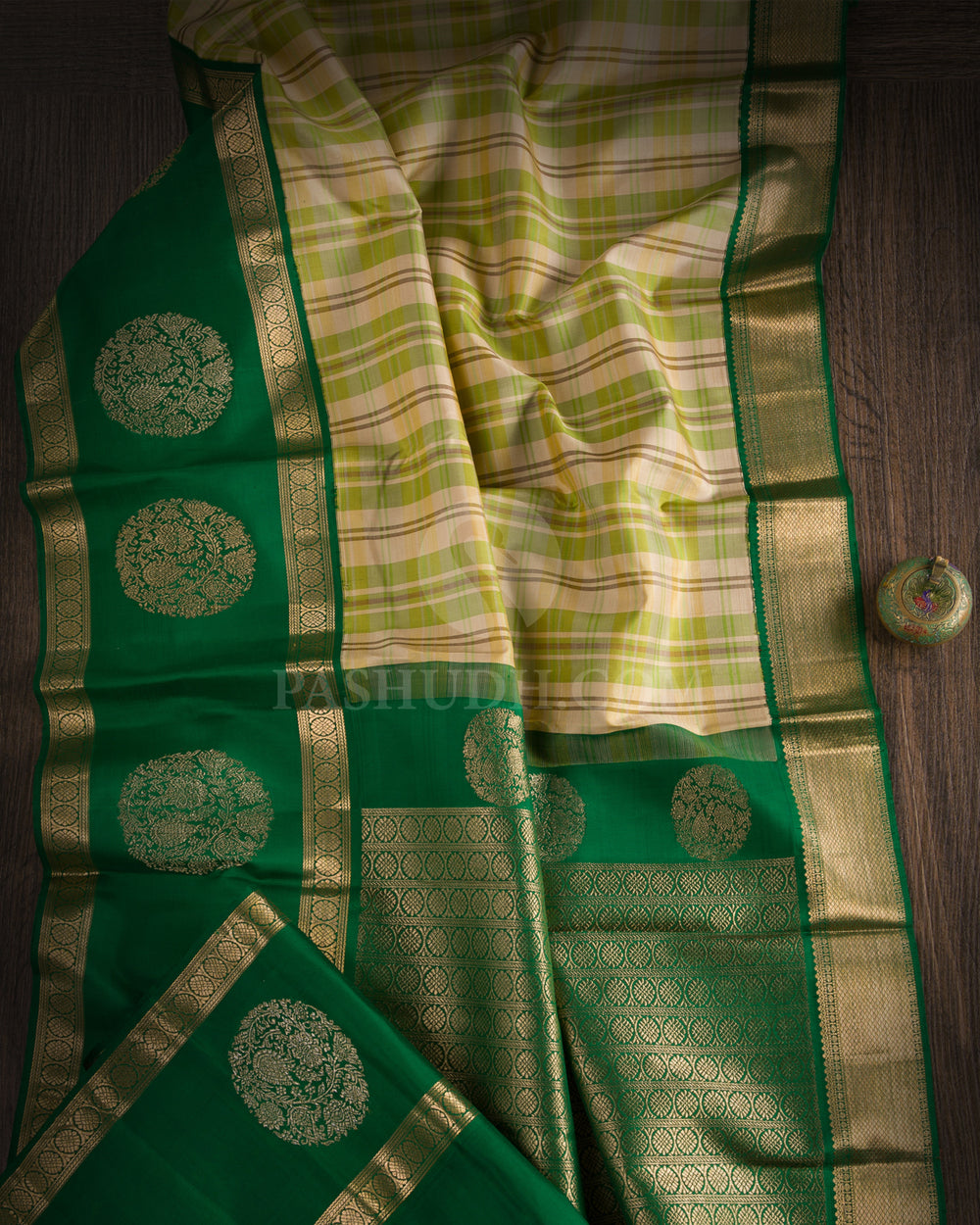 Cream, Green & Dark Green Kanjivaram Silk Saree - S1146(A) - View 1