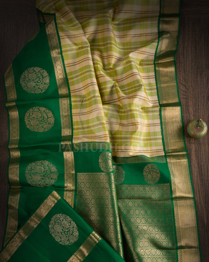 Cream, Green & Dark Green Kanjivaram Silk Saree - S1146(A) - View 1