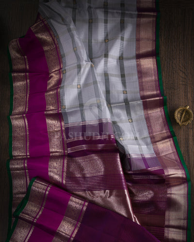 Silver Grey And Violet Kora Kanjivaram Silk Saree - S1149(A) - View 1