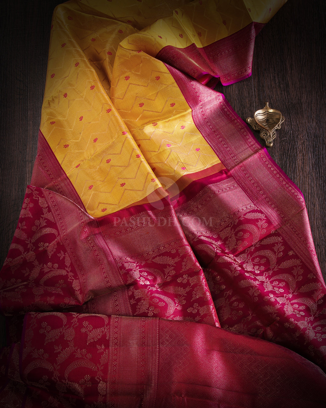 Golden Yellow & Brick Red Kanjivaram Silk Saree - DJ234