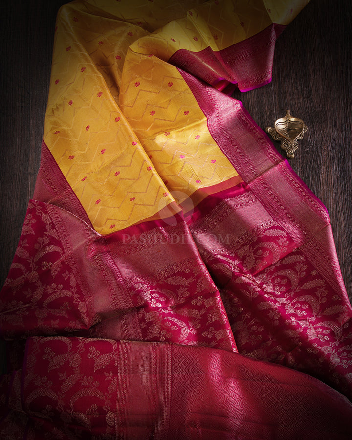 Golden Yellow & Brick Red Kanjivaram Silk Saree - DJ234