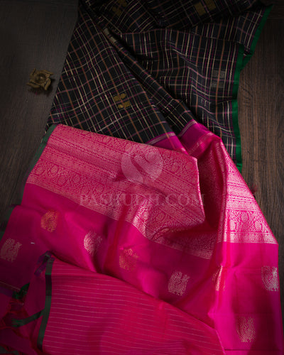 Black & Rani Pink Kanjivaram Silk Saree - S1086(A) - View 1