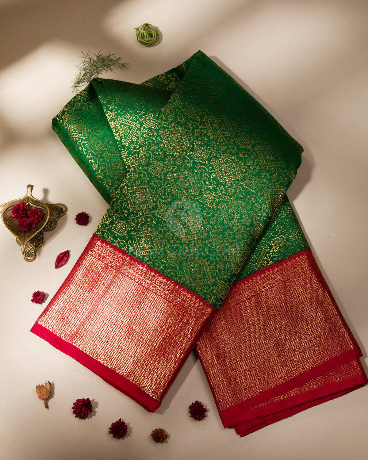 Dark Green and Red Kanjivaram Silk Saree - S753 - View 1