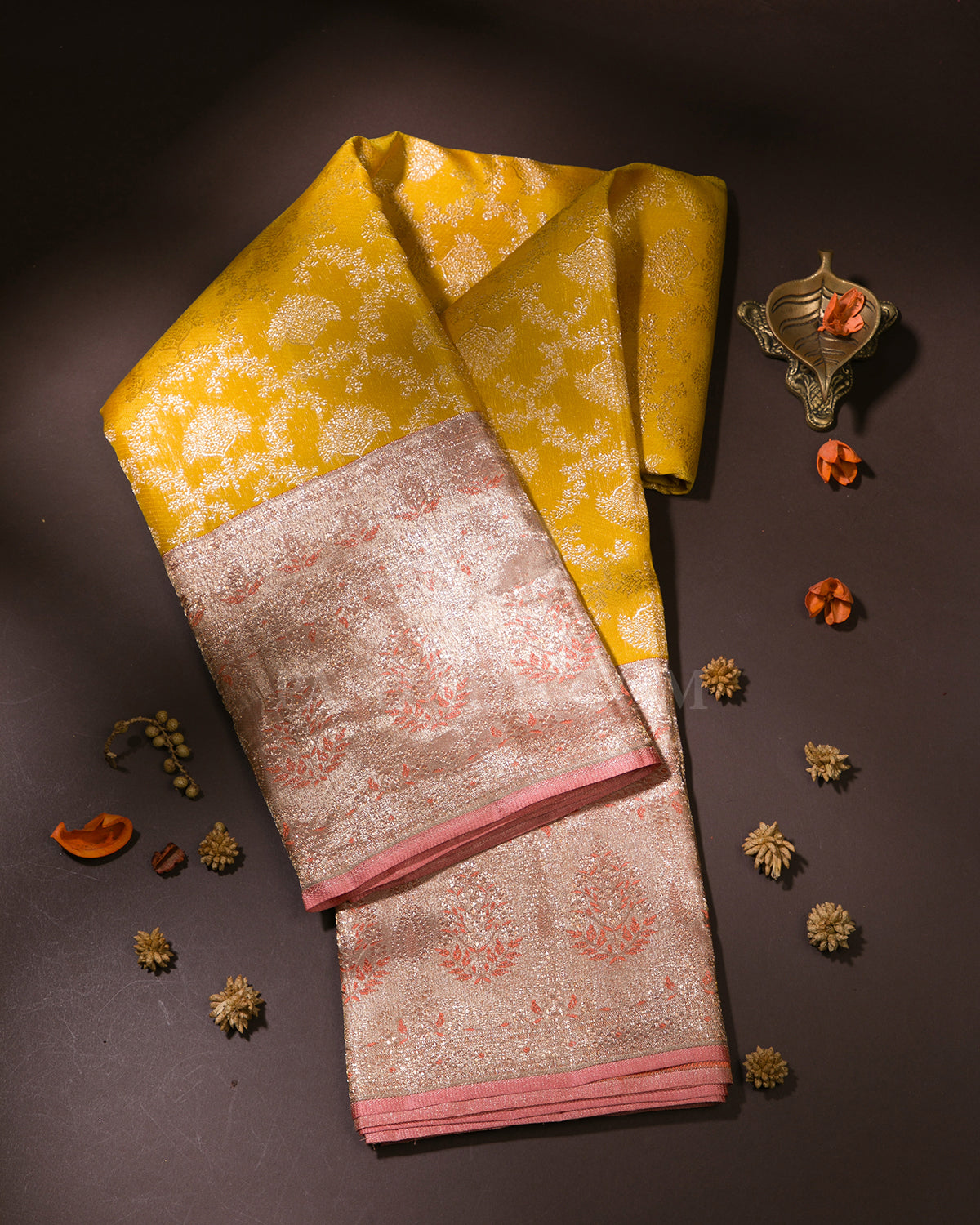 Tuskey Yellow & Peach Pink Kanjivaram Silk Saree - S1037(A)