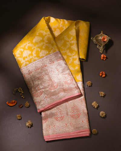 Tuskey Yellow & Peach Pink Kanjivaram Silk Saree - S1037(A)
