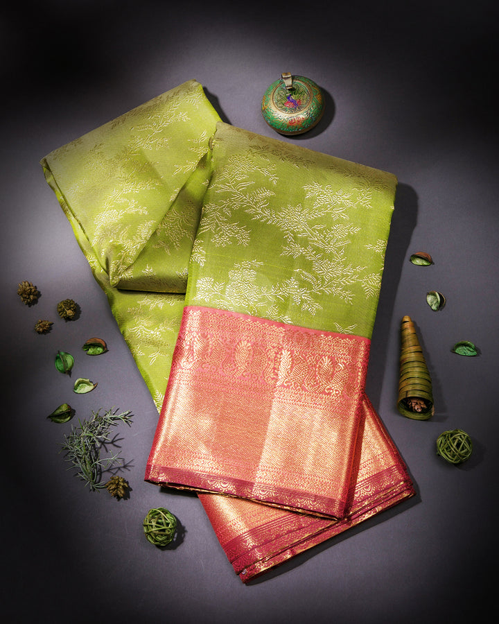 Parrot Green & Rust Orange Kanjivaram Silk Saree - S854 - View 1