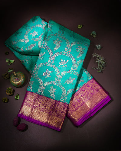 Sapphire Green & Violet Kanjivaram Silk Saree - S857 - View 1