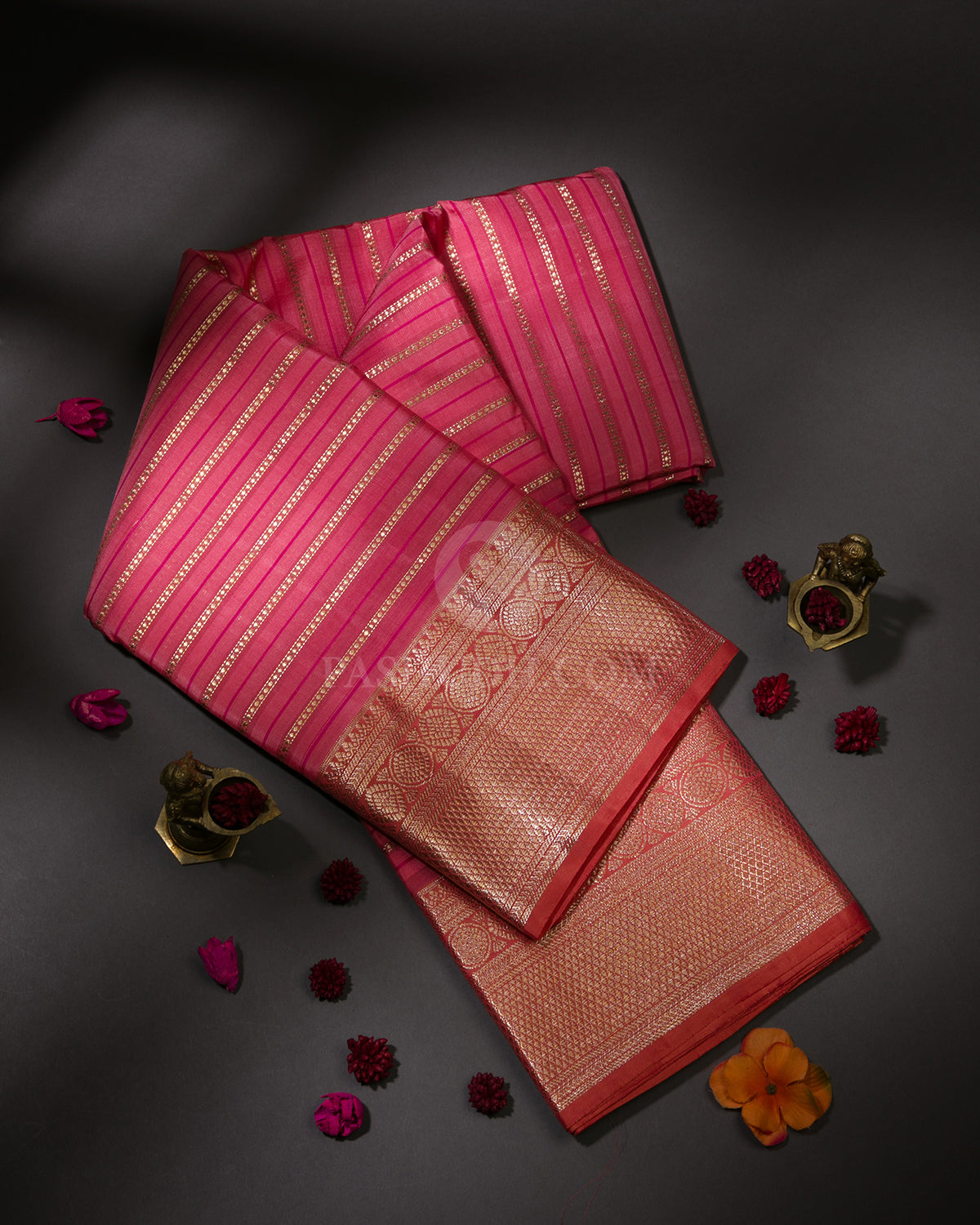 Pink & Coral Orange Kanjivaram Silk Saree - S976