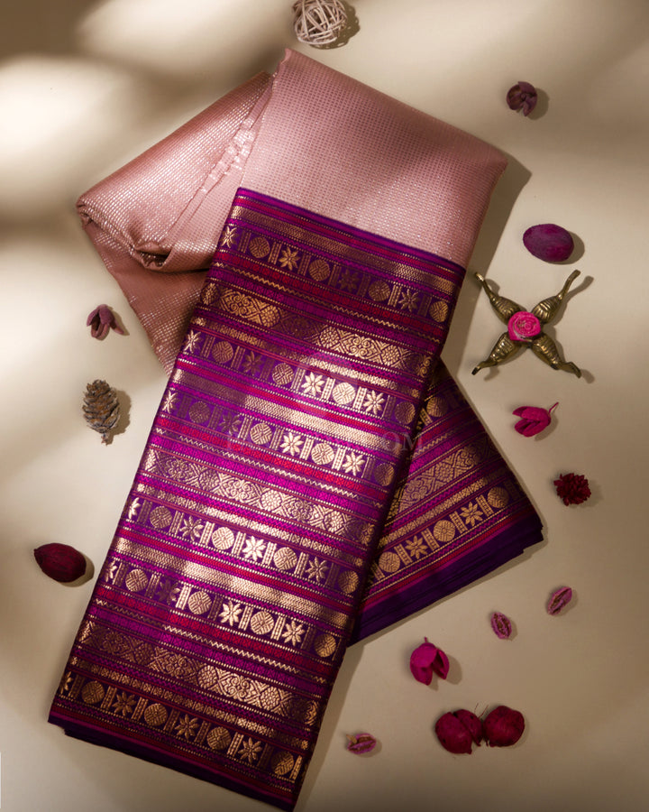 Peach & Violet Zari Kanjivaram Silk Broad Border Saree - S816