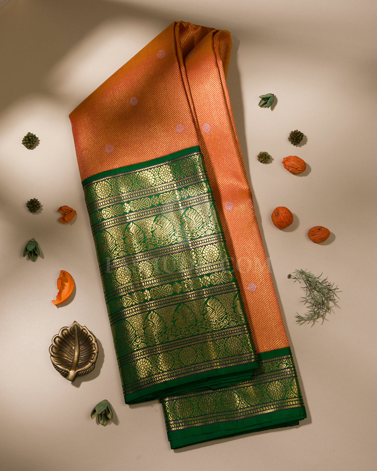 Orange & Green Pure Zari Kanjivaram Silk Saree - P138(A)