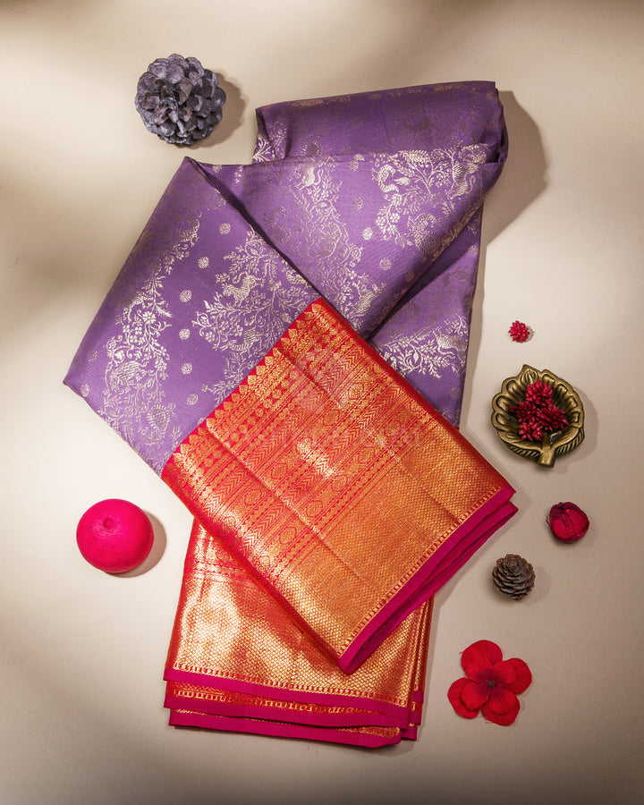 Lavender & Red Kanjivaram Silk Saree - S887 - View 1