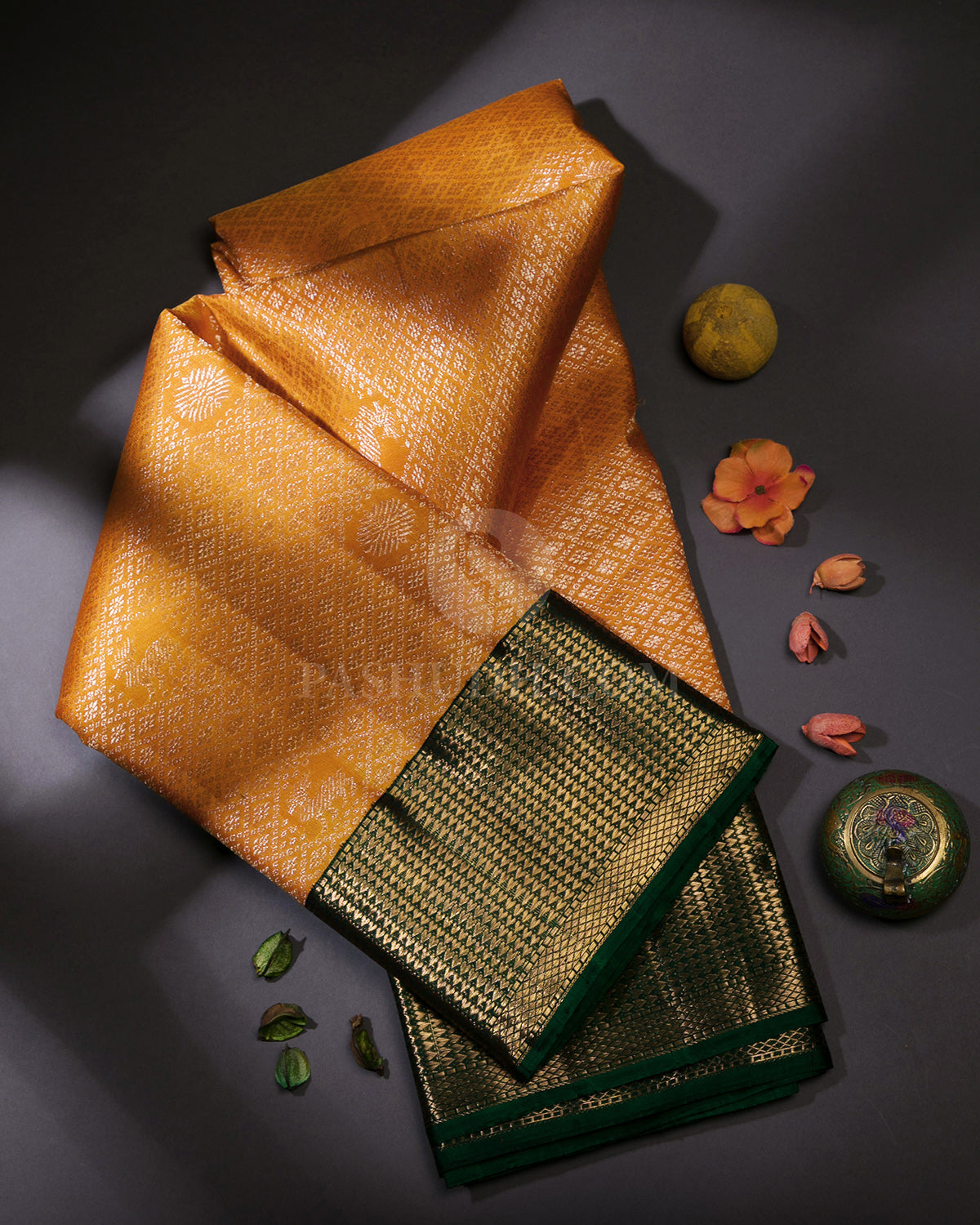 Mango Yellow and Dark Green Kanjivaram Silk Saree - S703 - View 1