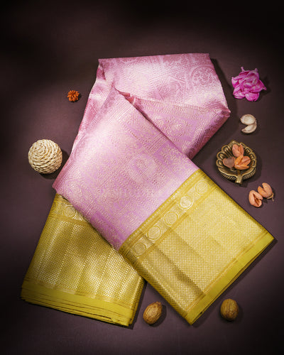 Baby Pink & Mustard Kanjivaram Silk Saree - S877 - View 1