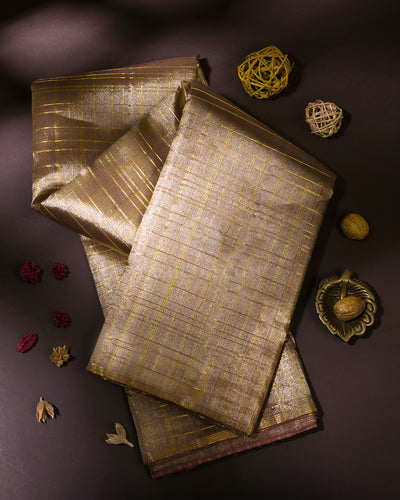 Gold & Brown Shimmer Organza Kanjivaram Silk Borderless Saree - S810- View 1